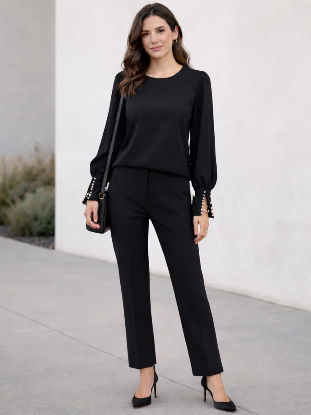 Gracia Pearl Bead Cuff Black Puff Long-Sleeve Blouse Top Size Large